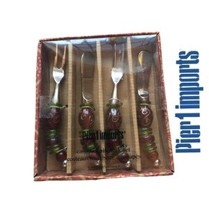 Pier 1 Canapé Knife+Fork Set/Dark Red & Green Blown Glass/Gold Accents - NWOT‎
